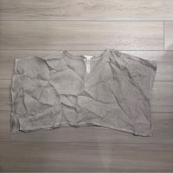 EILEEN FISHER XS Organic Linen Round Neck Short Sleeve Cropped Boxy Poncho Beige - Picture 2 of 10